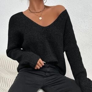 New Classic Ribbed Knit V Neck Sweater Top Black